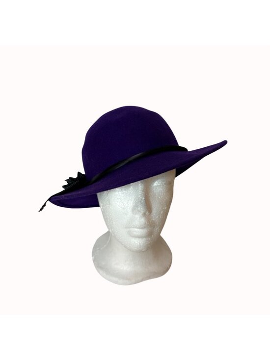 Vintage Purple Felt Wide Brim Hat Wool Head Hugger USA Black Ribbon Church